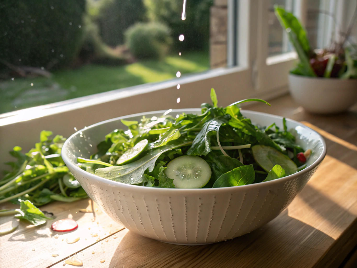Lush fresh salad greens growing in a balcony trough container