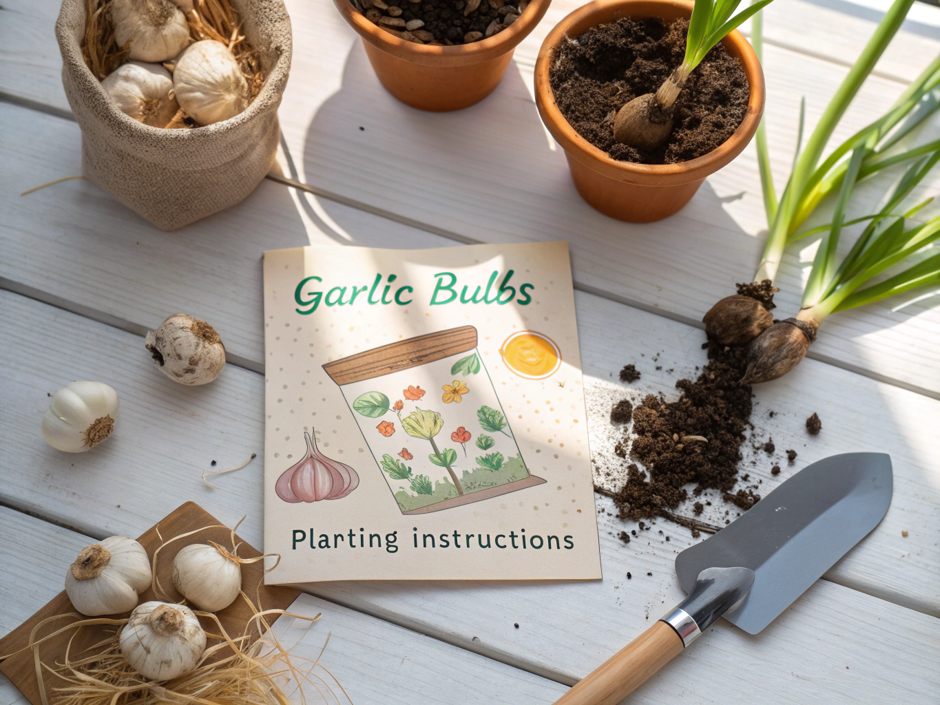 Gardening gloves, organic potting soil, seeds, and compact trowel on a wooden garden table