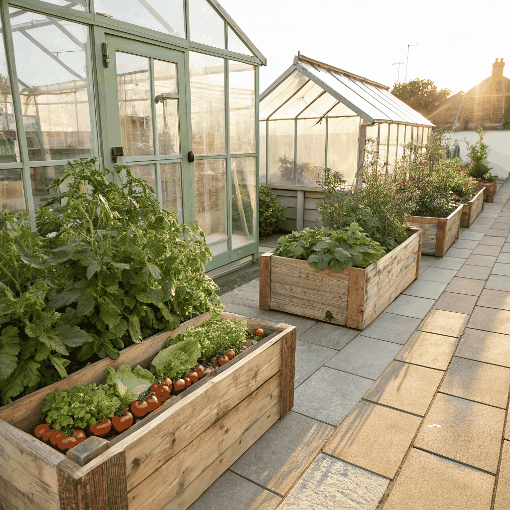Clean food-grade gardening buckets lined neatly on an outdoor patio