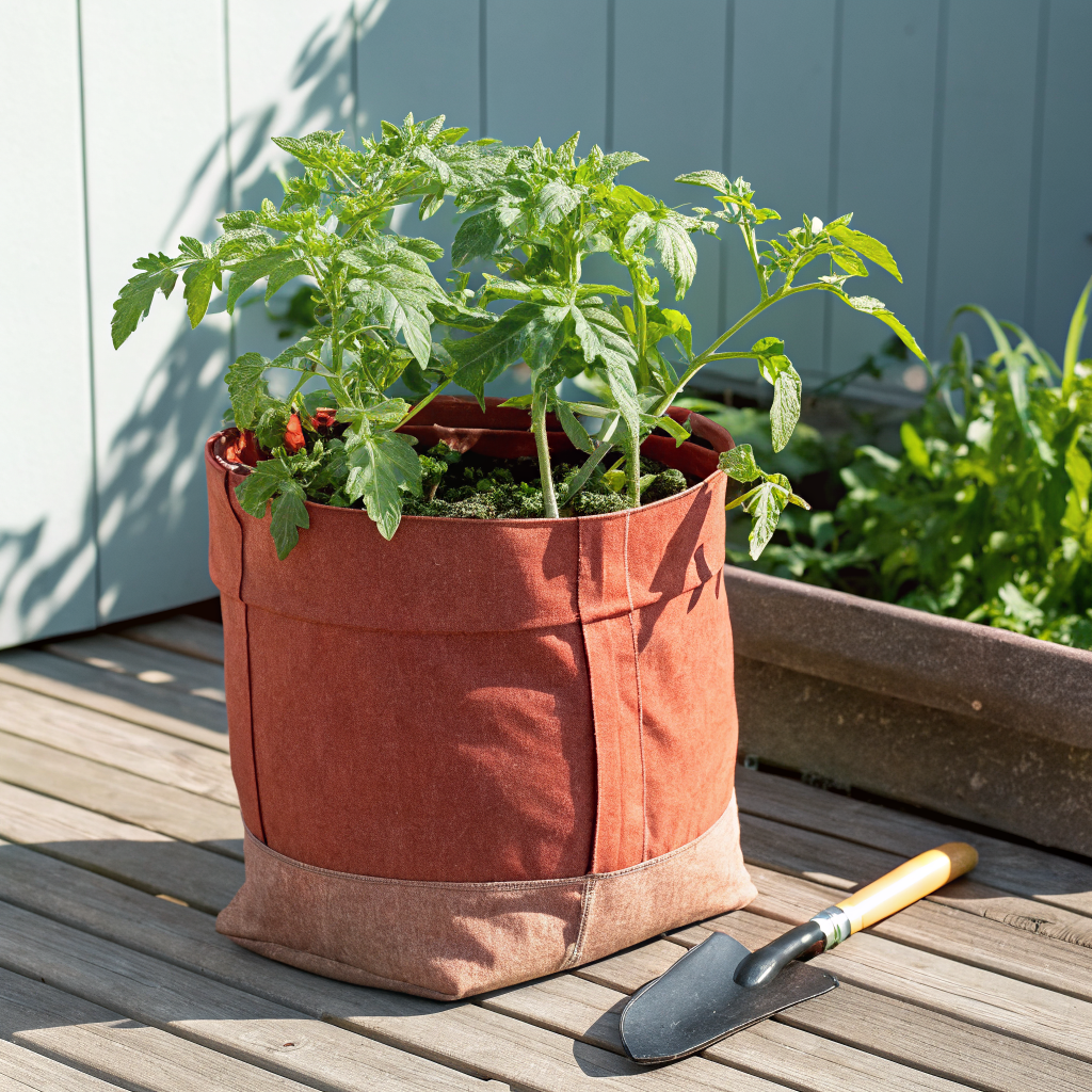 Heavy-duty fabric grow bags filled with soil on a sunlit balcony