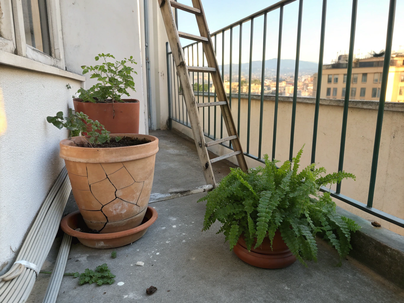 Potted green sweet basil plant on a bright apartment balcony table