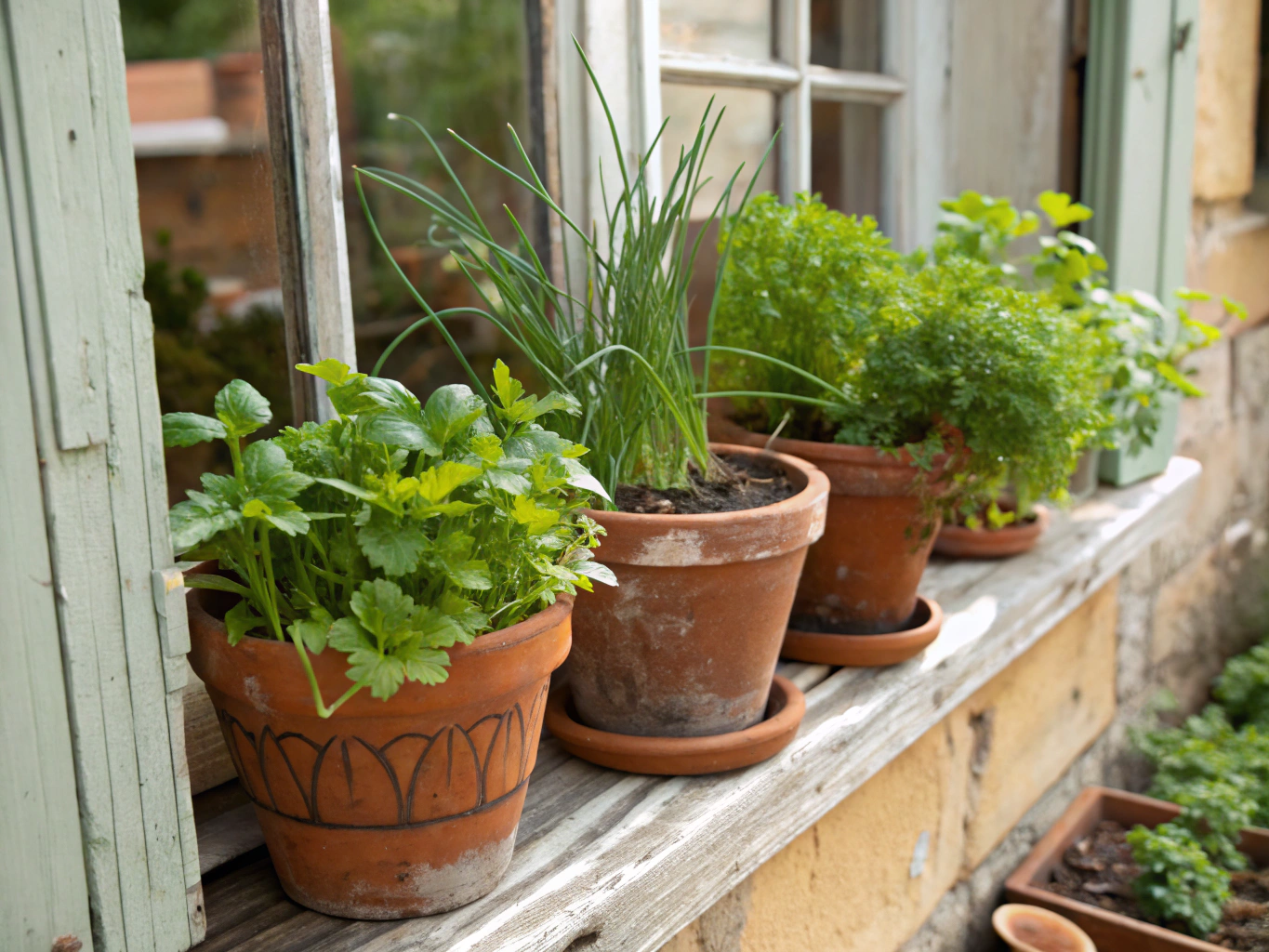 Fresh basil and rosemary growing in small pots on a sunny kitchen windowsill
