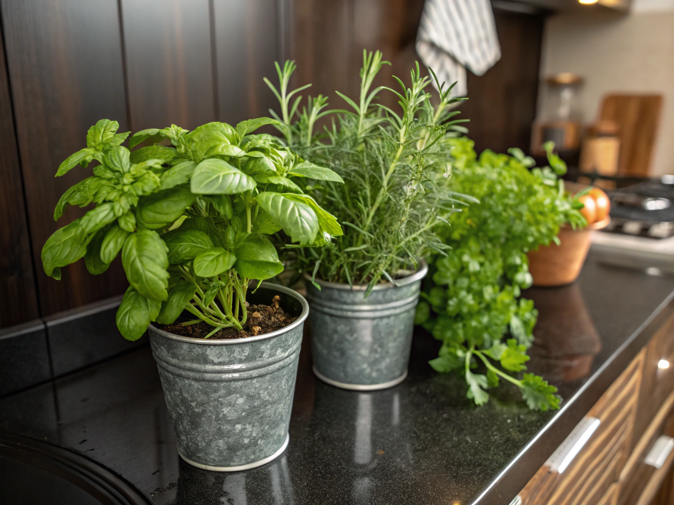 Potted culinary herbs arranged neatly along a sunlit kitchen window