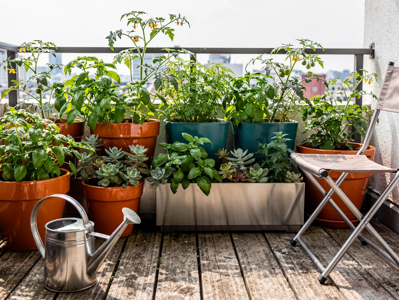 Fresh container-grown herbs and vegetables on a sunlit home patio