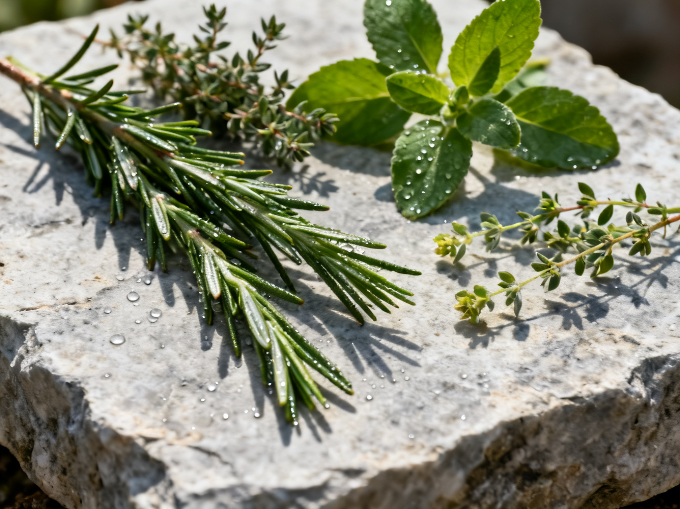 Rosemary and thyme growing together in a weathered outdoor ceramic pot