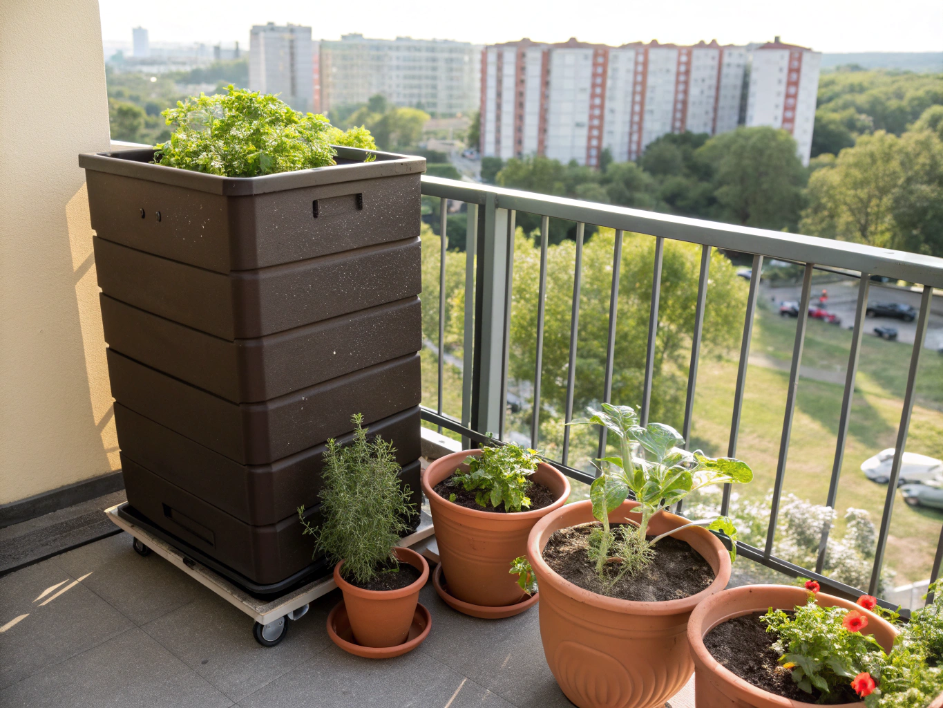 Fresh salad greens growing in a compact balcony container box