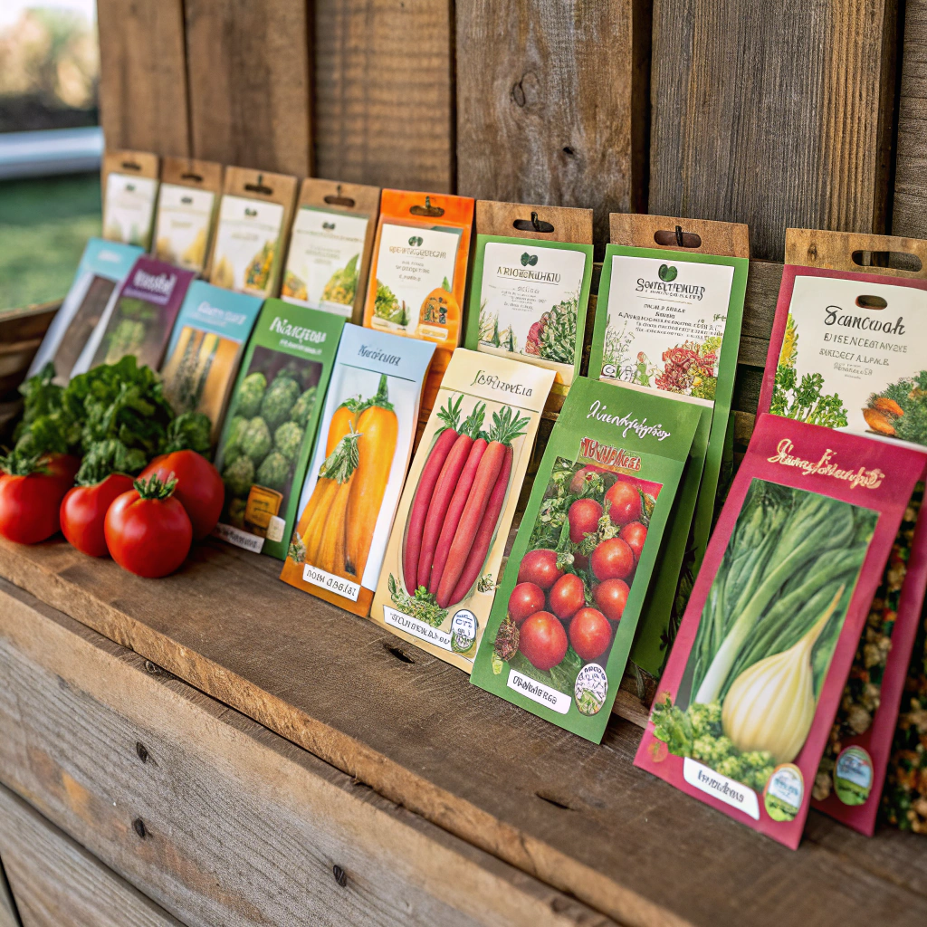 Assorted packets of heirloom vegetable seeds on a wooden table