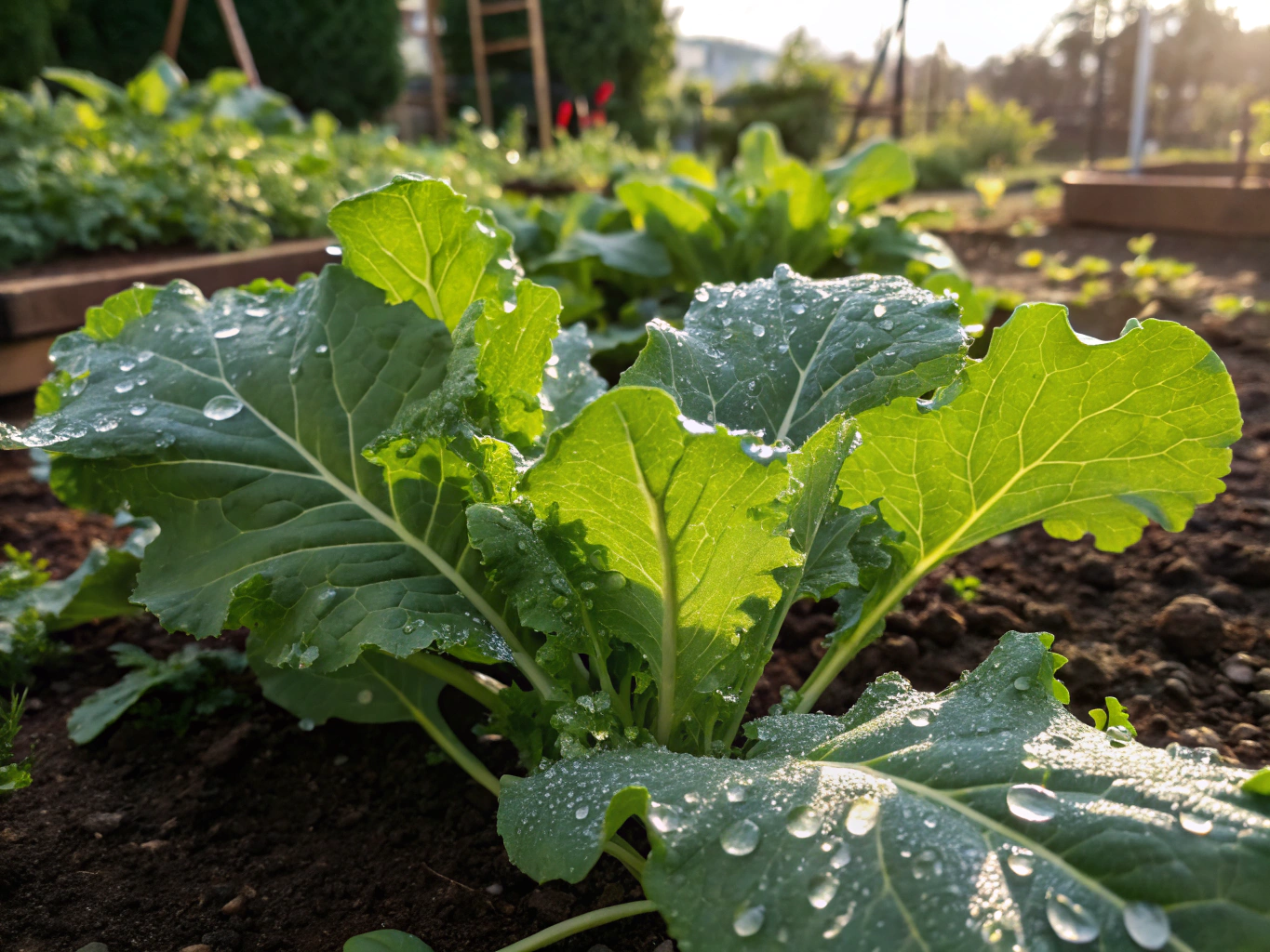 Vibrant dark green kale leaves in rich organic potting soil