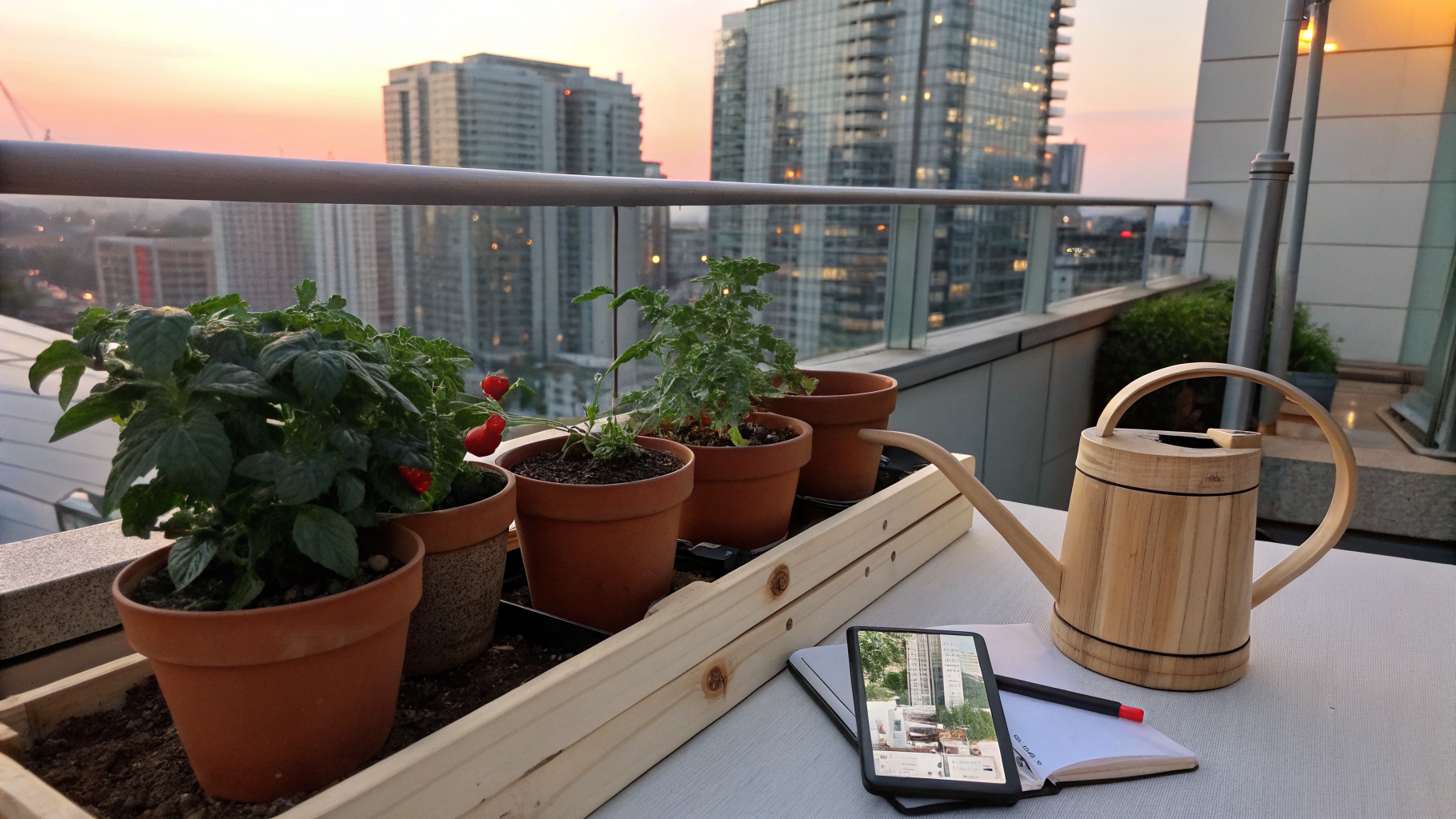 Beginner container garden setup with potted fresh herbs and salad greens on a sunny patio