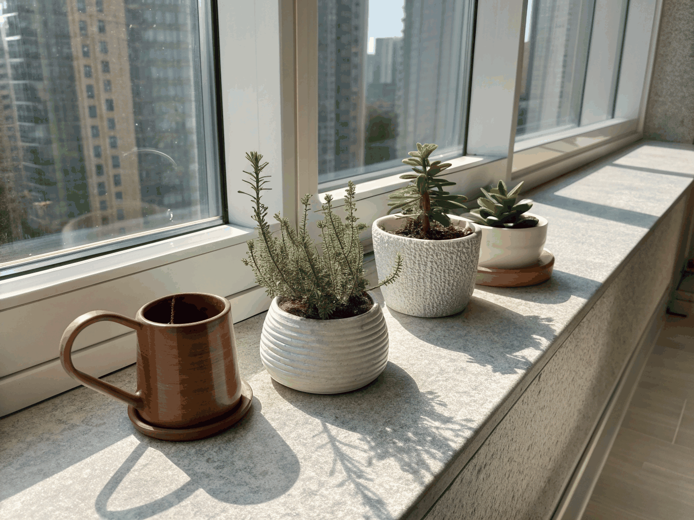 Potted basil, rosemary, and thyme on a sunny kitchen windowsill
