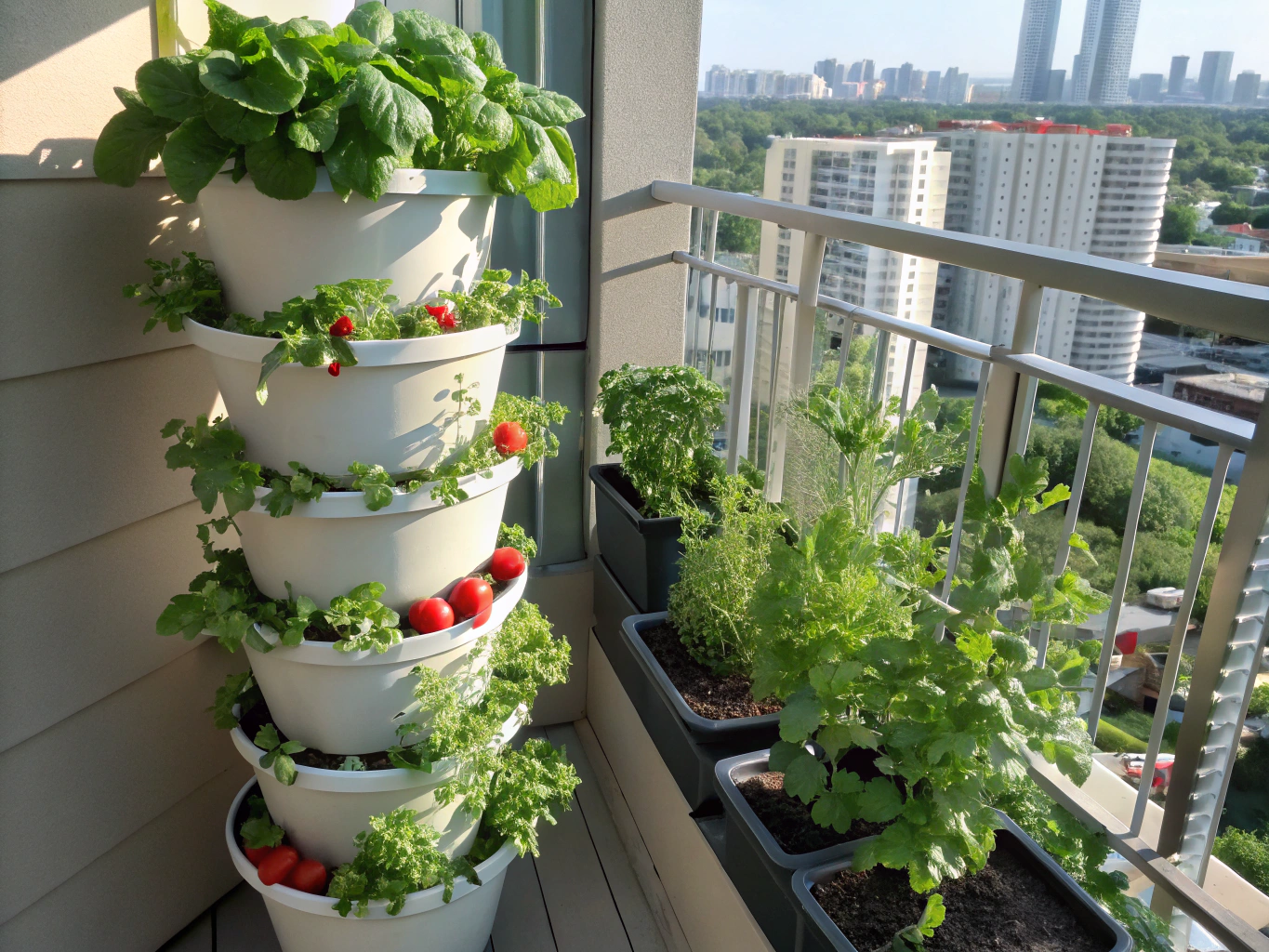 Fresh salad greens and cherry tomatoes growing in container planters