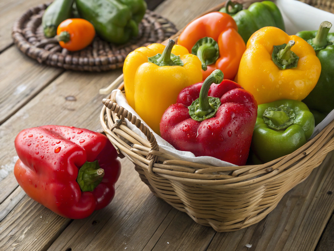 Mini snack bell peppers ripening to orange and red on a small potted plant