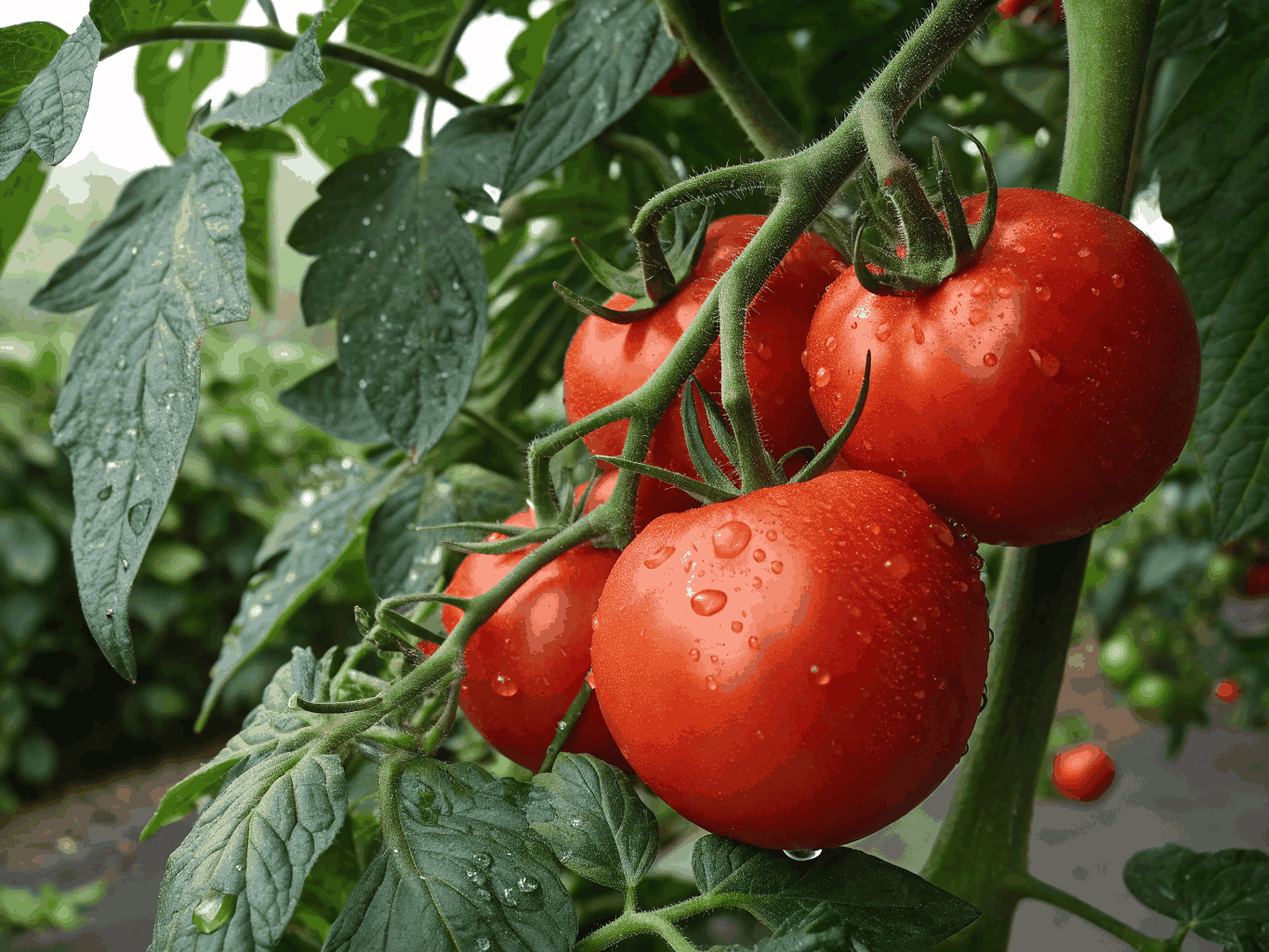 Determinate cherry tomato plant loaded with ripe red tomatoes growing in a fabric grow bag