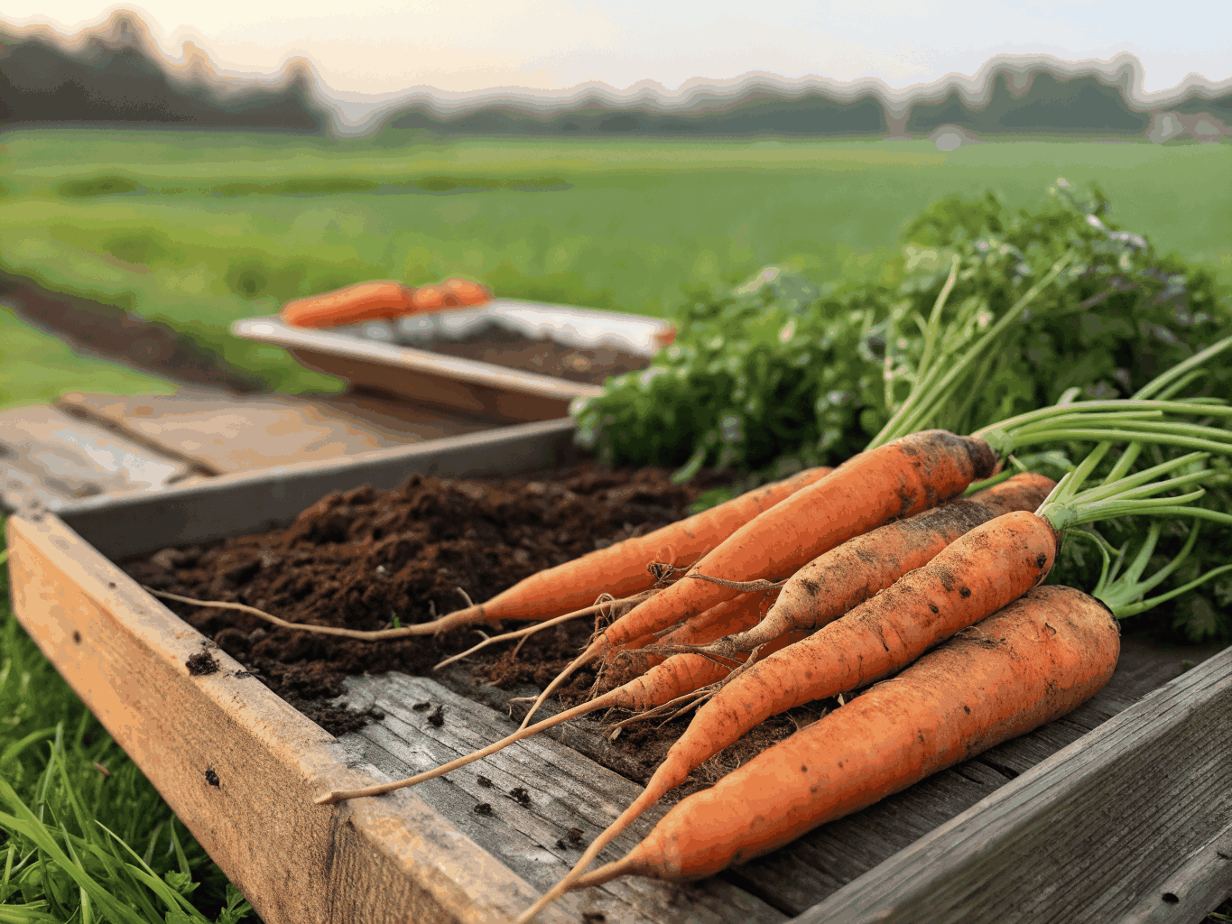 Freshly harvested crisp red radishes and young carrots resting on rich dark soil