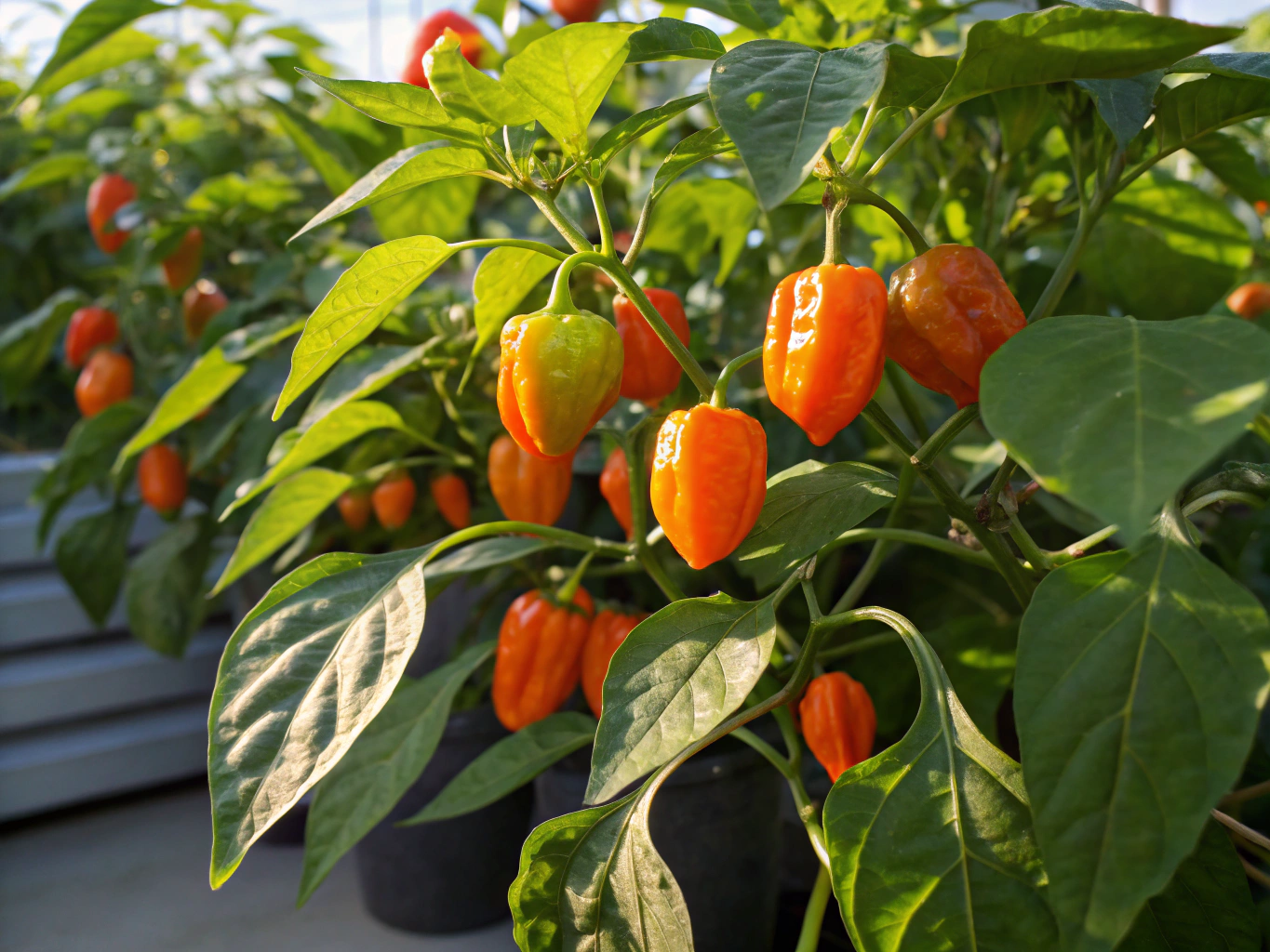 Compact snack pepper plant heavy with yellow and red mini peppers in a black grow bag