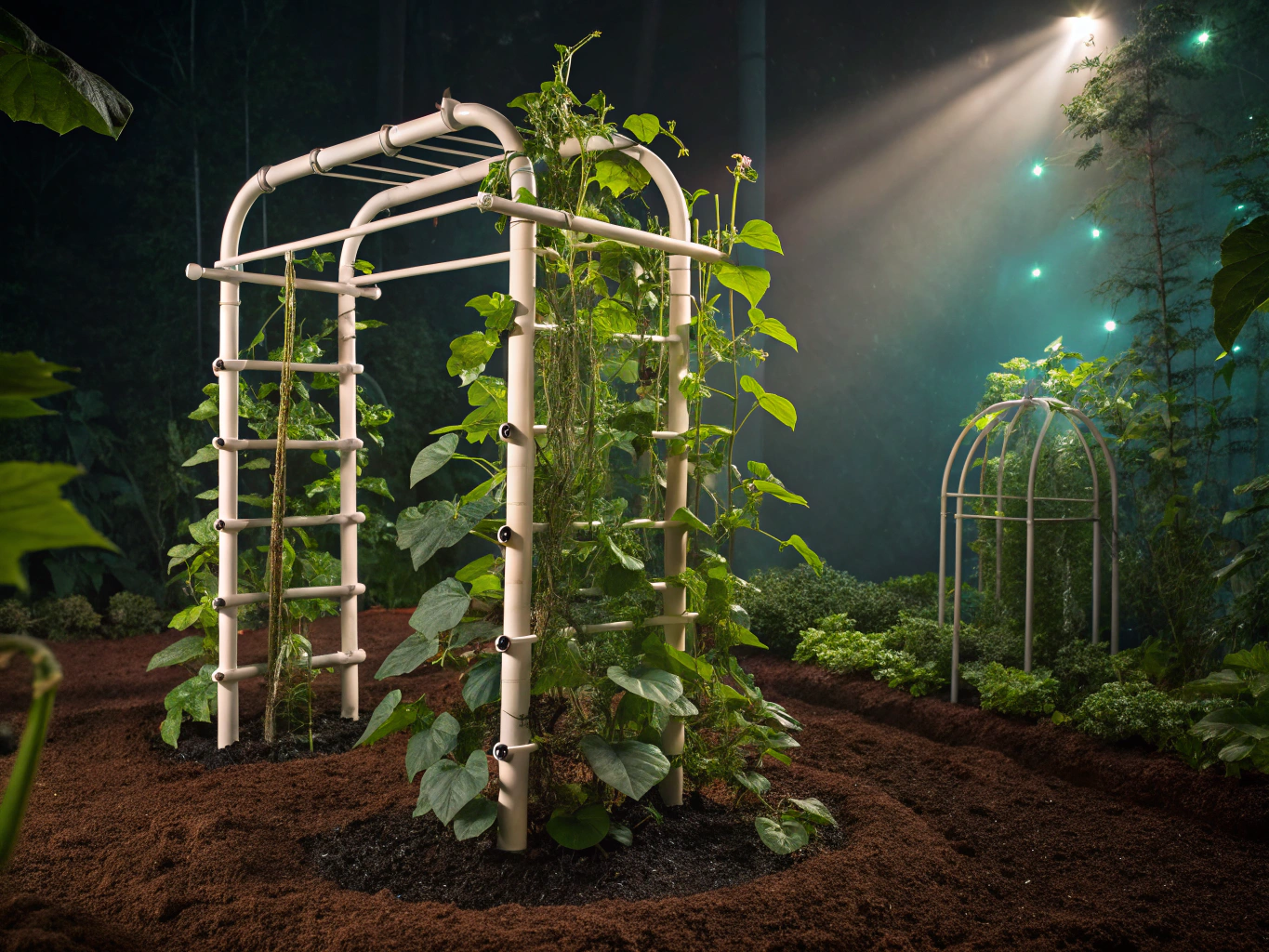 Arched metal trellis tunnel supporting climbing bean vines and foliage
