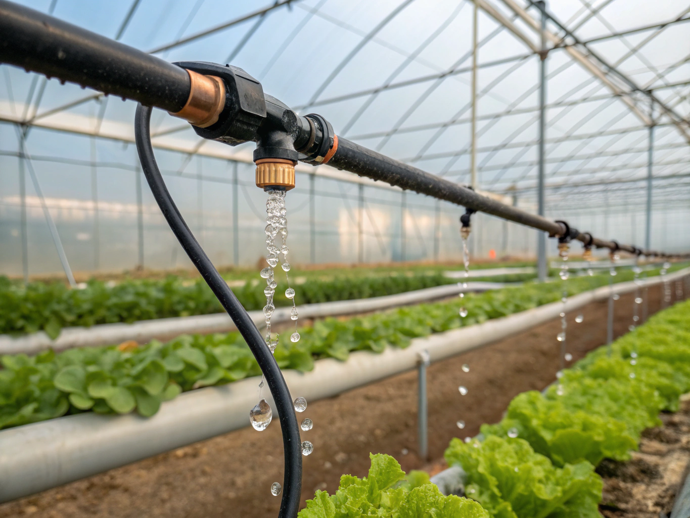 Low pressure gravity drip irrigation tubes running into vegetable containers