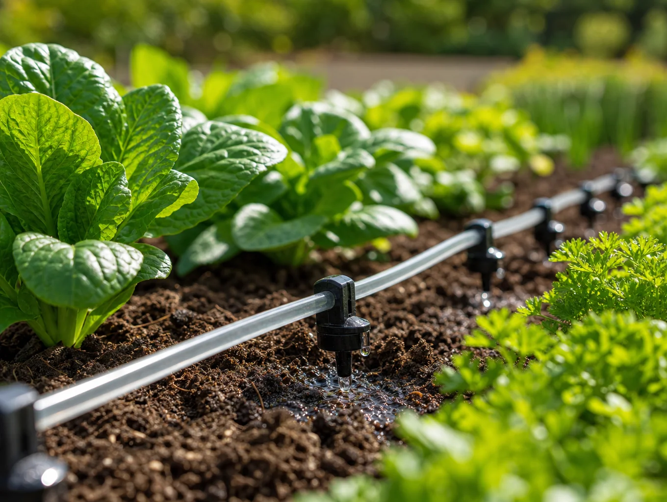 Drip irrigation tubing lines running across garden soil delivering measured water drops