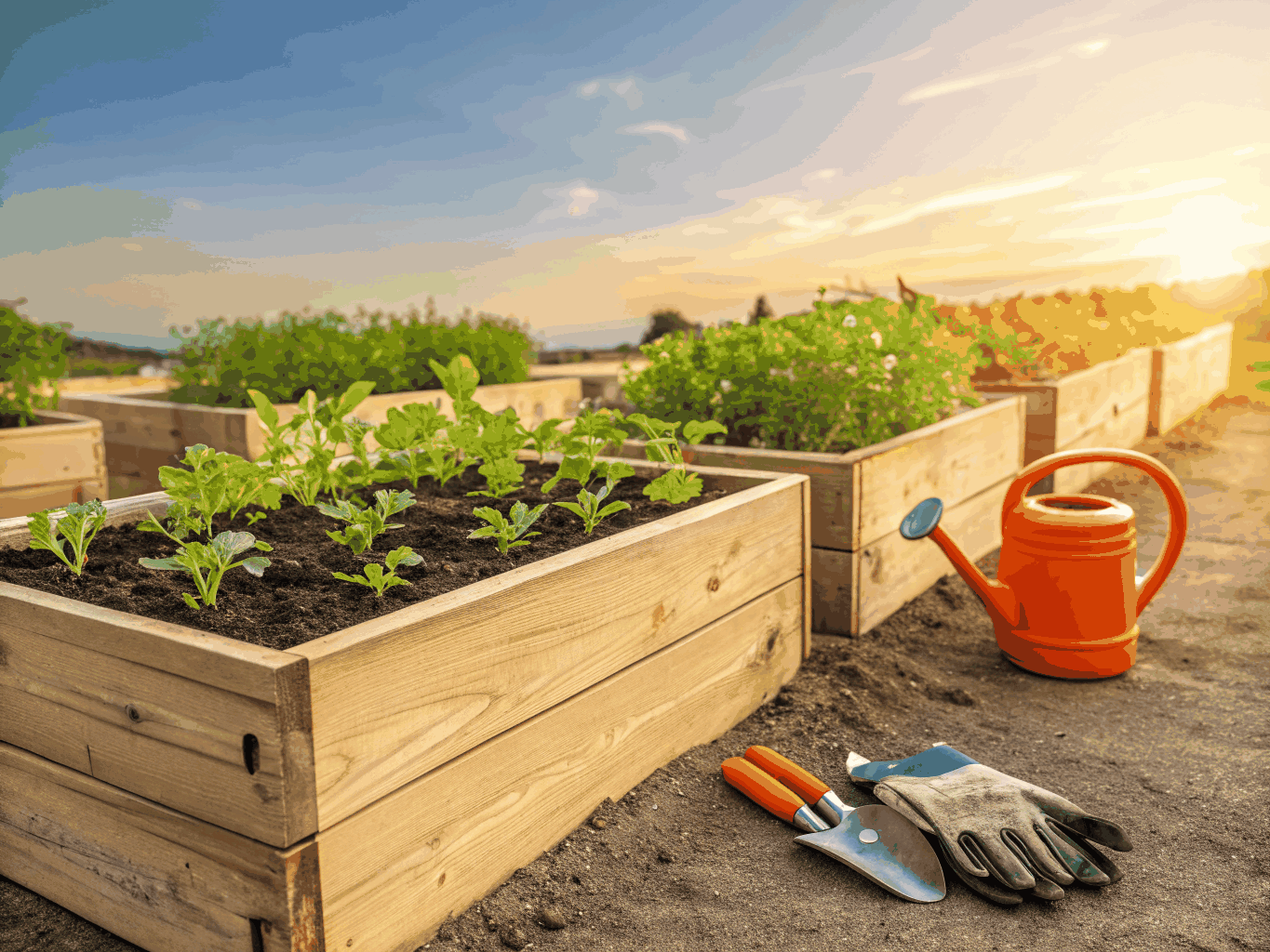 Simple wooden raised garden bed filled with soil and young salad greens