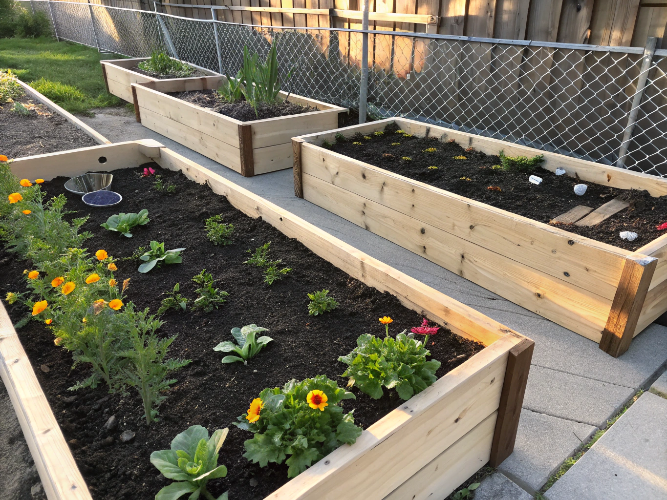 Constructed cedar wood raised garden bed filled with dark fertile soil and vegetable greens