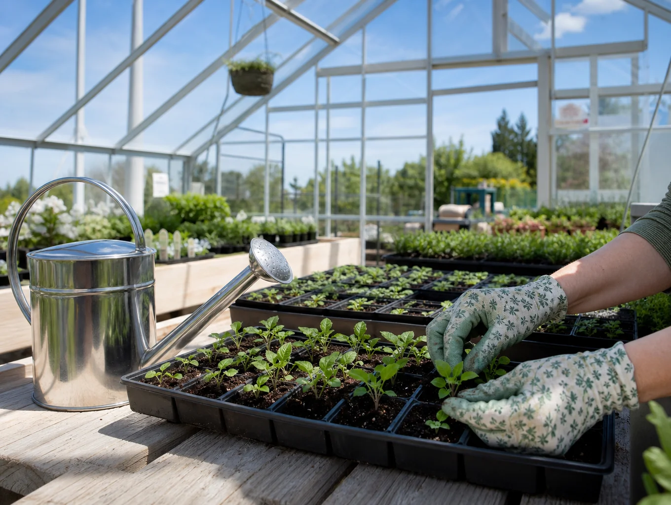 Wire shelf with full-spectrum lighting illuminating green vegetable seedlings in seedling trays