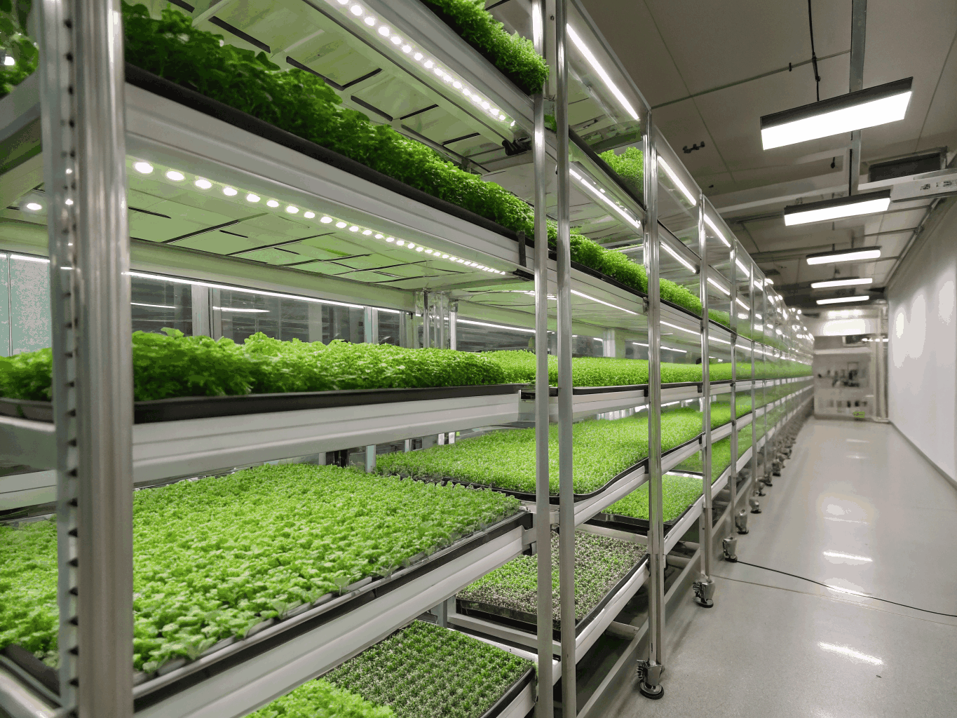 Indoor seed starting shelf with bright LED lights over microgreen trays