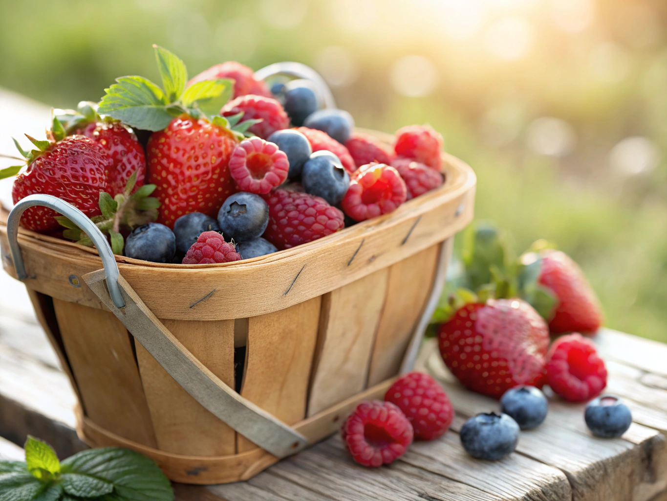 Hanging basket overflowing with ripe red strawberries and white blossoms