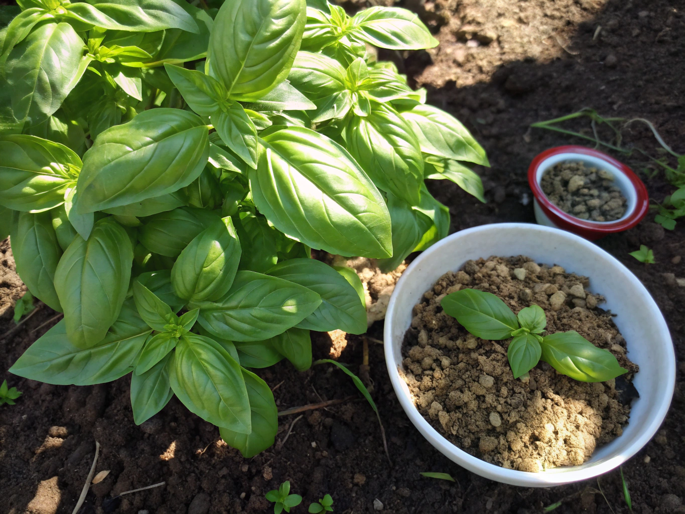 Lush green potted sweet basil plant in a terracotta pot