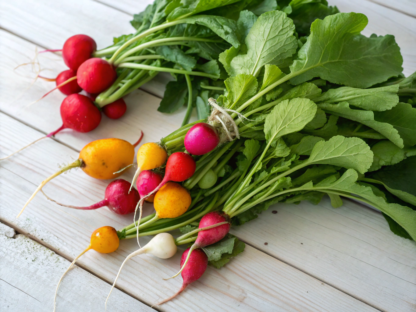 Freshly harvested crisp radishes with vibrant green tops in a basket