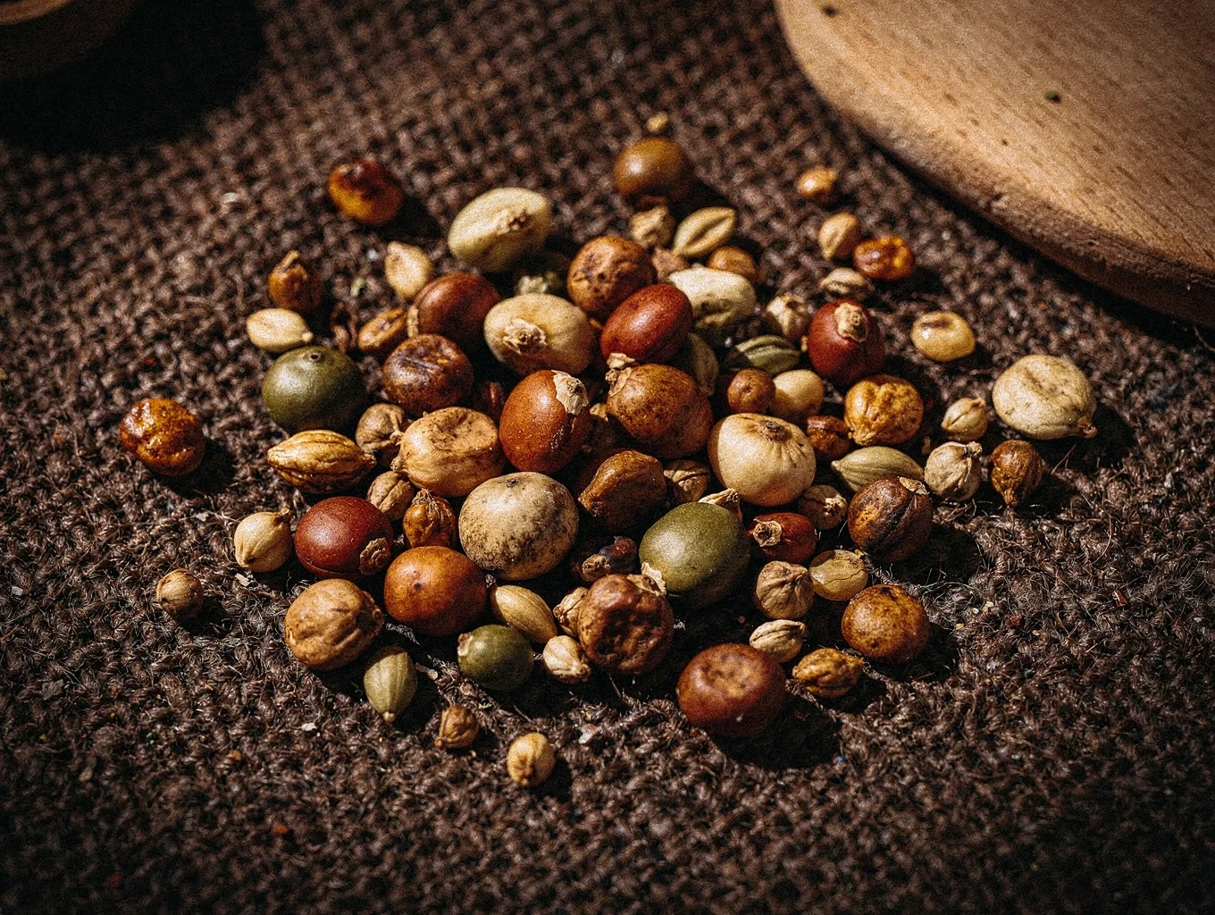 Heirloom tomato and bean seeds drying on parchment paper