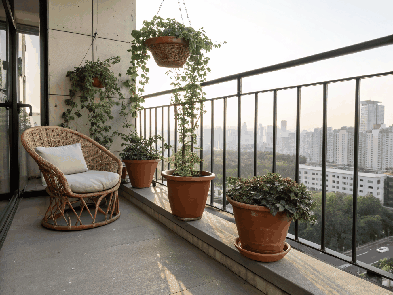 Potted herbs and greens receiving direct morning sun on a compact apartment balcony