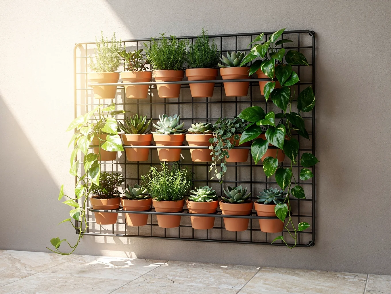 Vertical pocket planters and railing boxes filled with strawberries and salad greens