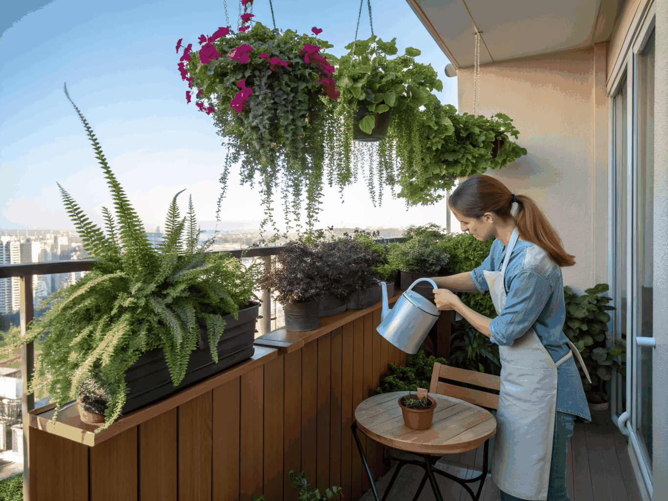 Sub-irrigation container system and drip tray arranged neatly on a wooden balcony floor