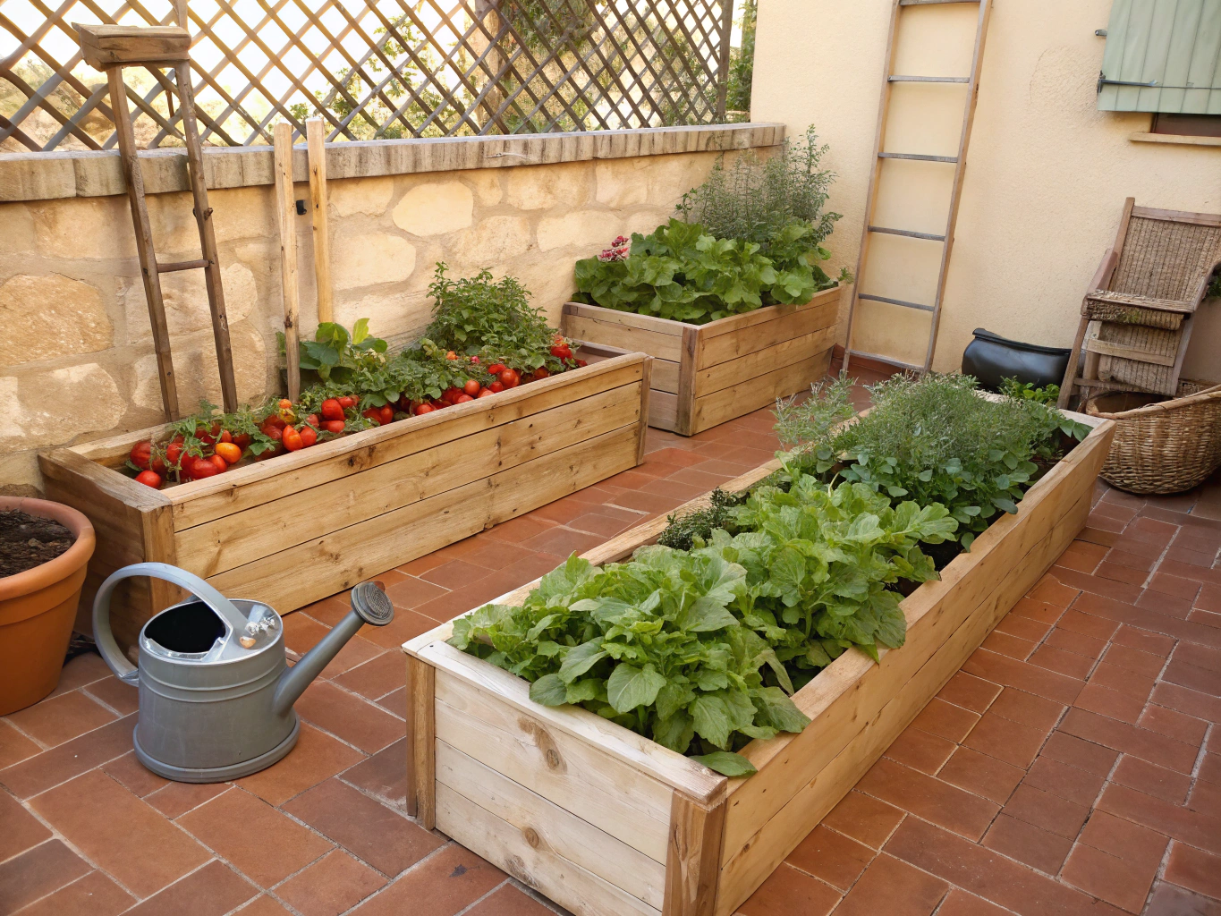 Sunny container garden filled with ripe cherry tomatoes and basil