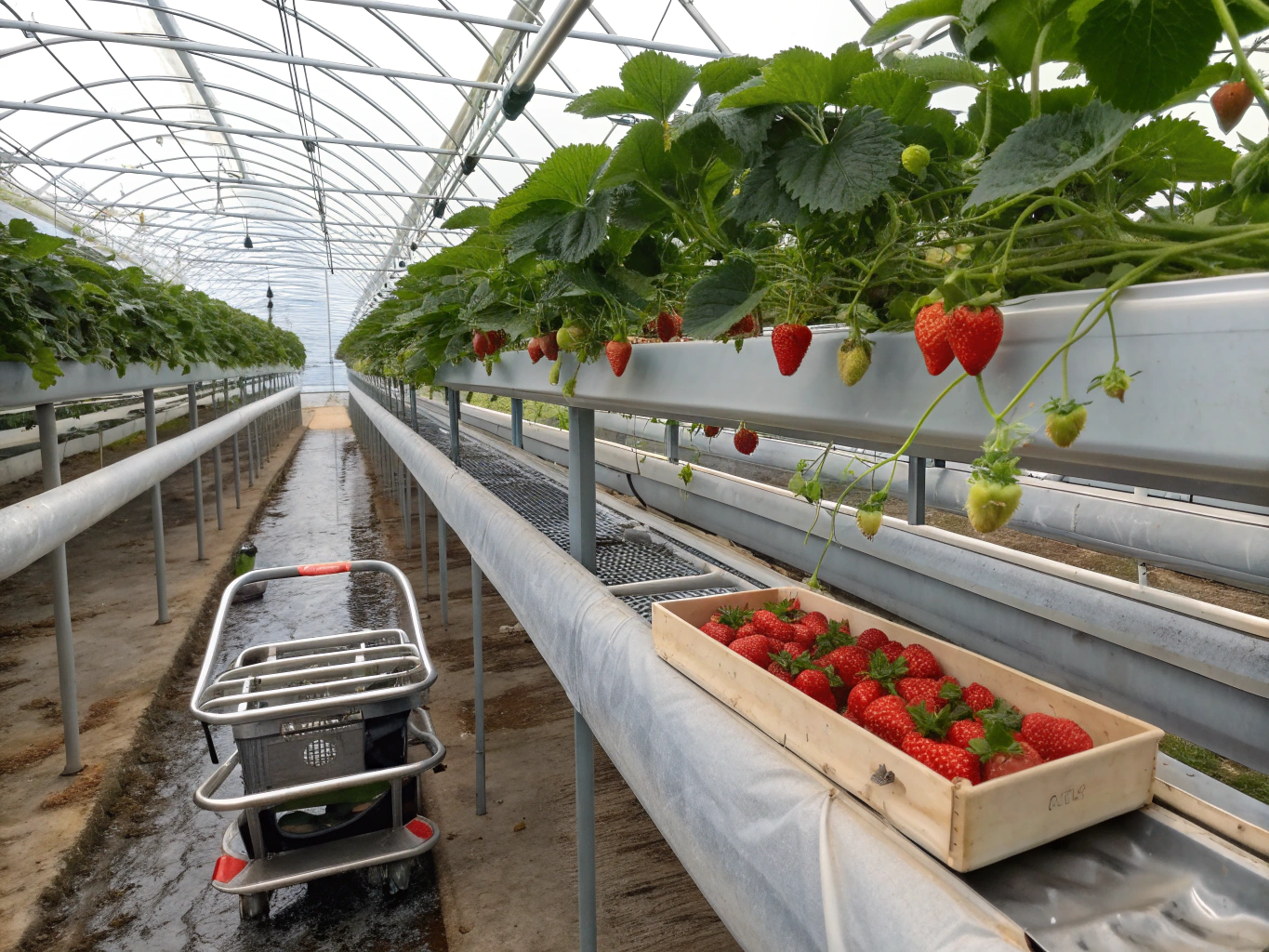 Tiered vertical planter overflowing with healthy strawberry foliage and ripe berries