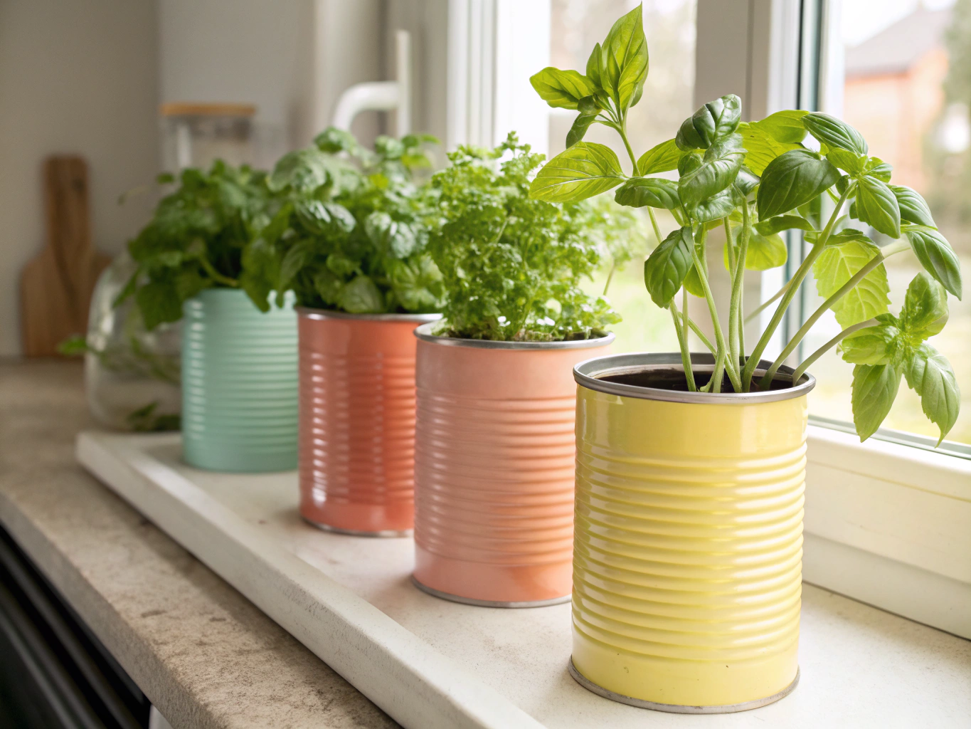 Potted culinary herbs arranged neatly along a sunny apartment windowsill
