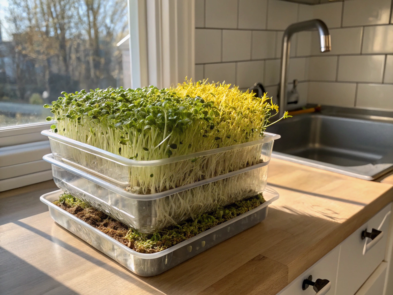 Trays of lush green pea shoot microgreens by a bright indoor window